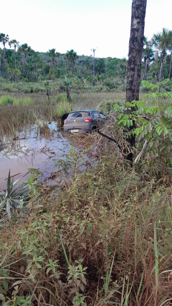 Carro cai em lago após motorista perder a direção 