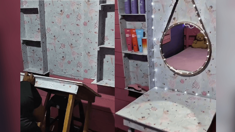 Mãos de fada: Nortista transforma um espelho, uma mesa e um cano em móvel novo para a filha