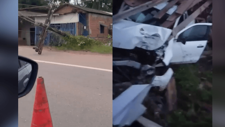 Duca Serra: Acidente derruba poste de alta tensão e deixa carro destruído