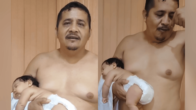Pai coruja: Homem mostra desafio para tomar açaí sem tirar bebê do colo