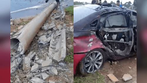 Agora: Carro perde controle, fica destruído e derruba poste na Norte-Sul