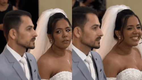 Olhar açucarado: Convidado registra o momento exato em que noiva se ‘derrete’ por amado