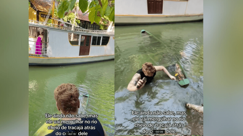 Celular no igarapé: Influencer enfrenta tracajás para salvar telefone