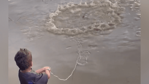 Habilidade precoce?: Mini pescador dá aula de pesca com tarrafa e mostra a rede cheia