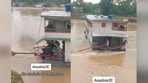 Na Amazônia é assim! Barco faz curva no rio com 'controle remoto ribeirinho' 