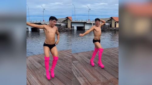 Ele é o show! De sunguinha e bota rosa, Mateus Batista "quebra tudo" no Curiaú