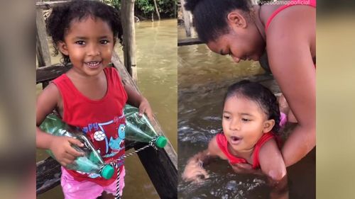 Aprendendo a nadar: Criança ribeirinha dá show de habilidades no rio