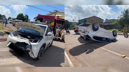 Santana: Carro capota, bate em veículo de autoescola e trava o trânsito