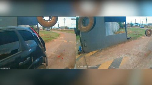 Susto no portão: Pneus ‘voadores’ atingem carro e muro de residencial, em Macapá